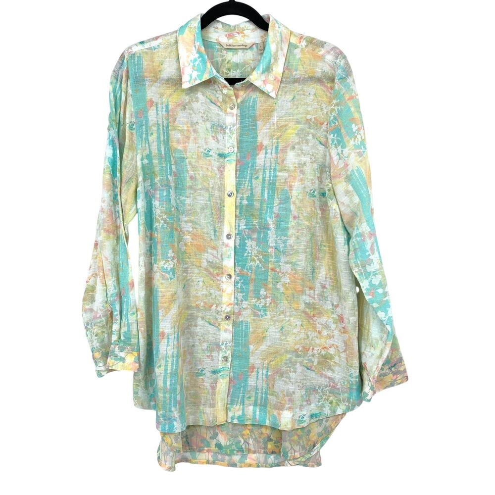 Soft Surroundings Button Front Long Sleeve Top Womens L Watercolor Floral Print